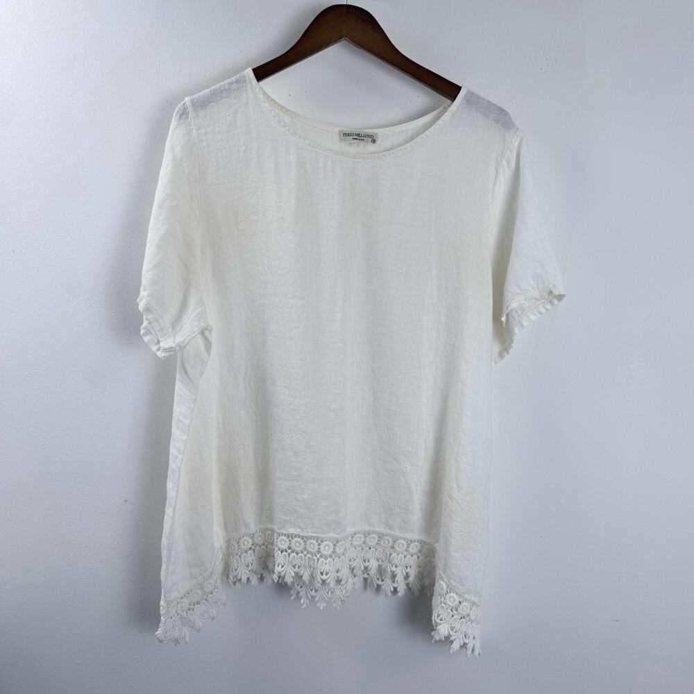 Terzo Millennio Top Womens Linen Crochet Hem White Short Sleeve Lagenlook Sz XL
